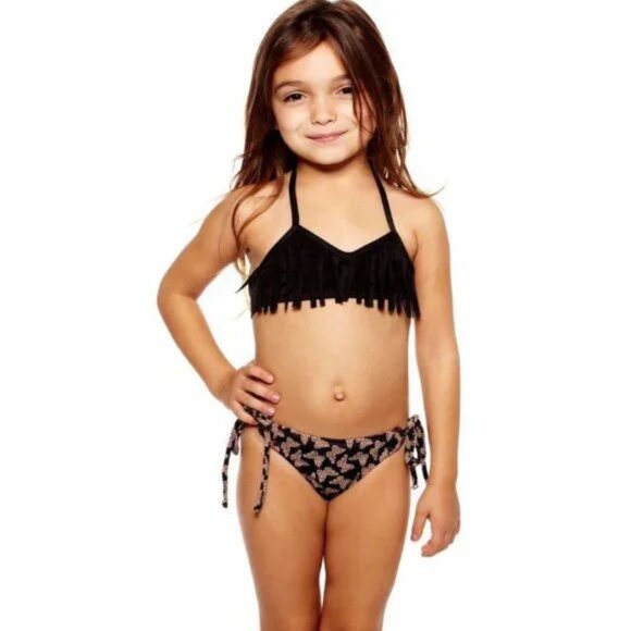 NEW 10 lk 8 Submarine Girls 2pc Black Fringe Top Bikini w/Butterflies Swimsuit - Picture 1 of 1